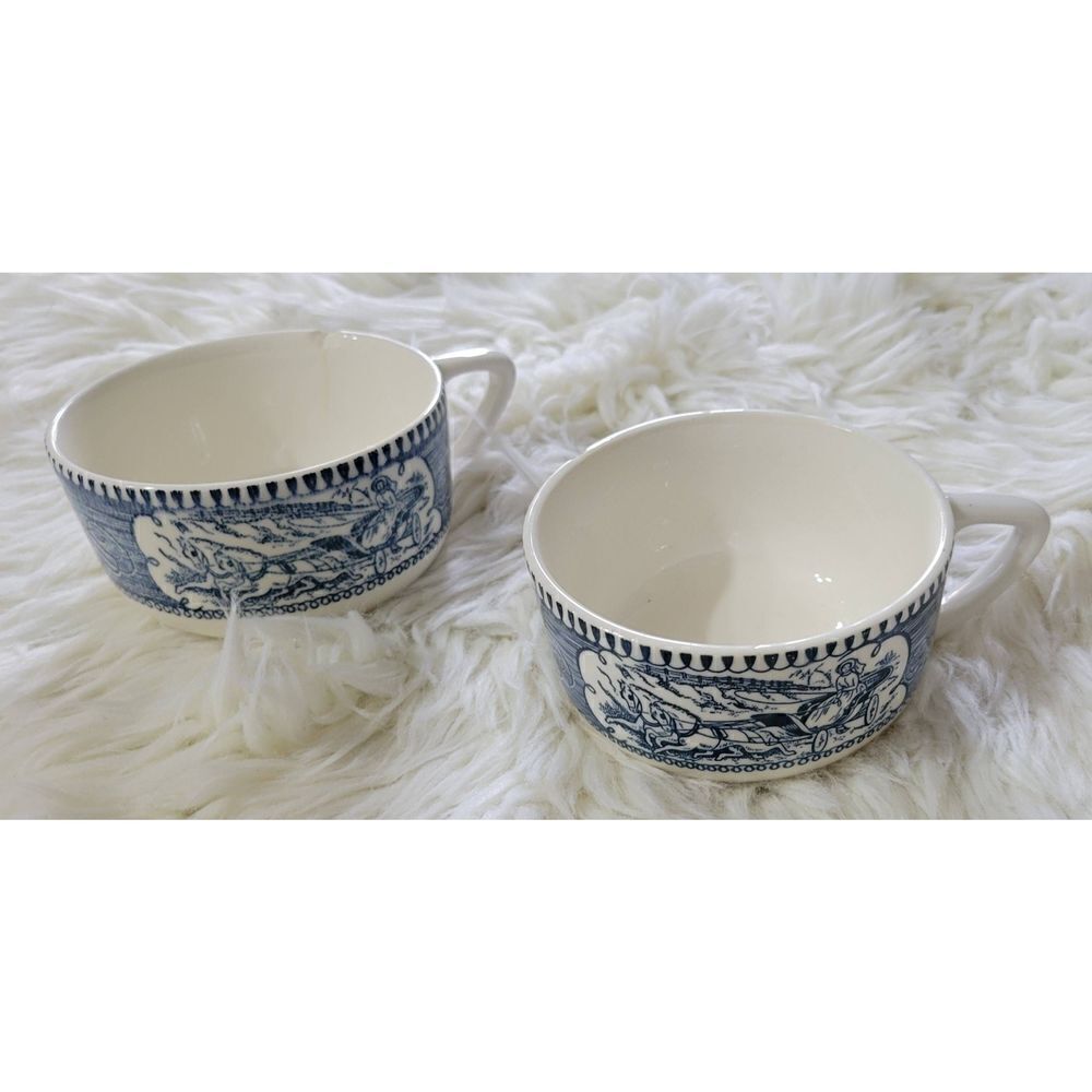 Vintage Currier and Ives Royal China Coffee Or Tea Cup Blue & White Set of 2 - Picture 1 of 11